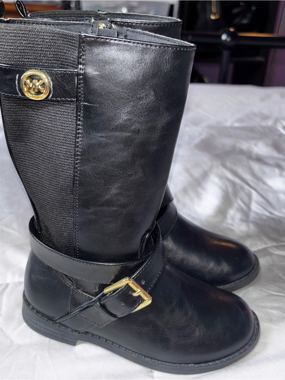 Toddler Girl’s Michael Kors Black Knee High Riding Boots with Gold Accents